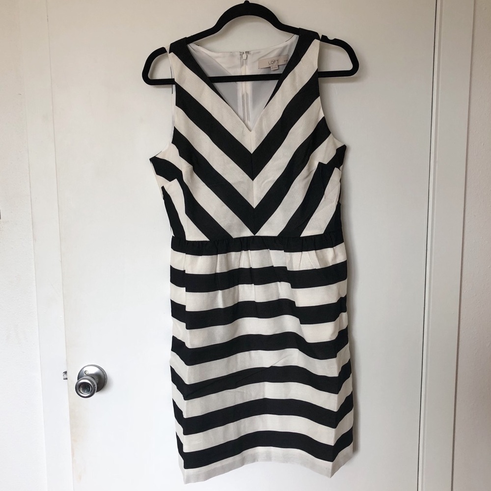 LOFT Black/White Striped Fit and Flare Dress